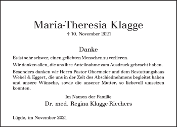 Traueranzeige von Maria-Theresia Klagge von Deister- und Weserzeitung