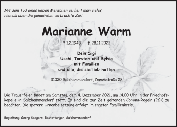 Traueranzeige von Marianne Warm von Deister- und Weserzeitung