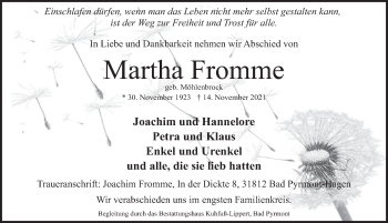 Traueranzeige von Martha Fromme von Deister- und Weserzeitung