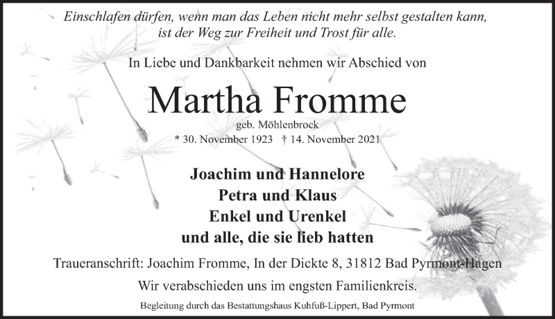  Traueranzeige für Martha Fromme vom 20.11.2021 aus Deister- und Weserzeitung