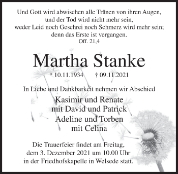 Traueranzeige von Martha Stanke von Deister- und Weserzeitung