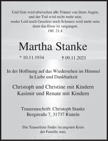Traueranzeige von Martha Stanke von Deister- und Weserzeitung