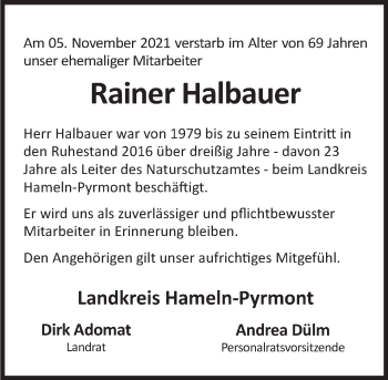 Traueranzeige von Rainer Halbauer von Deister- und Weserzeitung