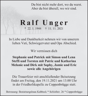 Traueranzeige von Ralf Unger von Deister- und Weserzeitung