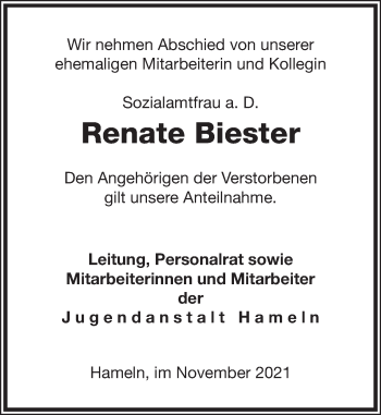 Traueranzeige von Renate Biester von Deister- und Weserzeitung