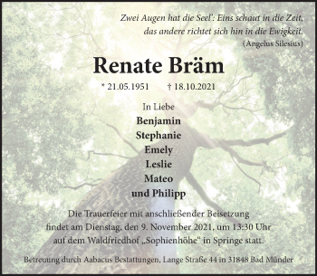 Traueranzeige von Renate Bräm von Neue Deister-Zeitung