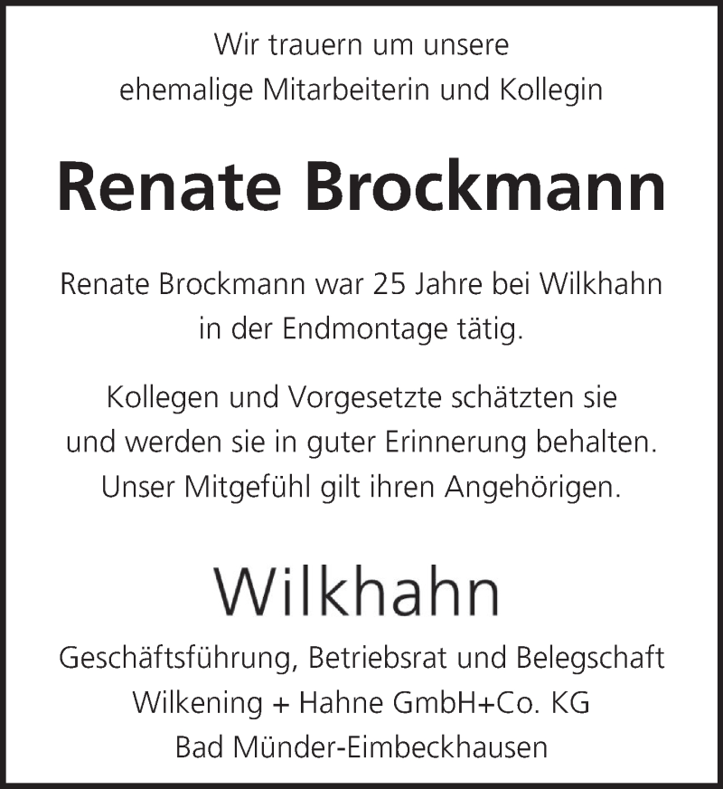  Traueranzeige für Renate Brockmann vom 20.11.2021 aus Neue Deister-Zeitung