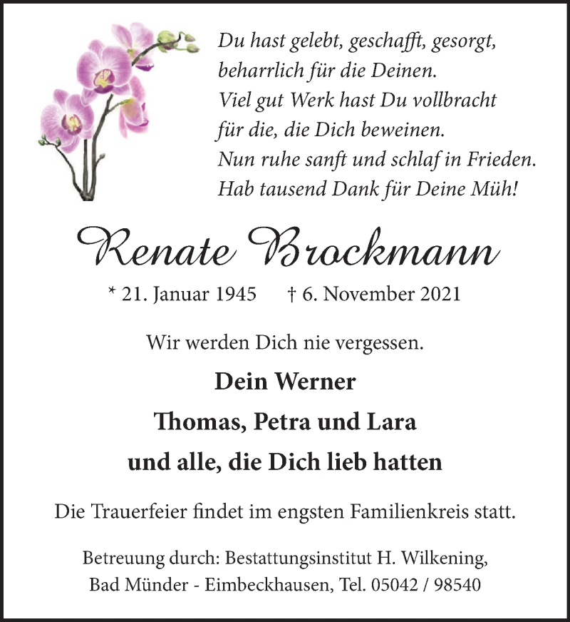  Traueranzeige für Renate Brockmann vom 20.11.2021 aus Neue Deister-Zeitung