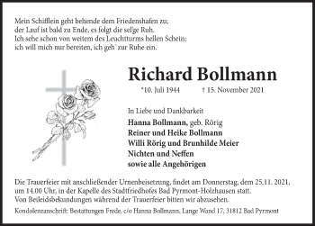 Traueranzeige von Richard Bollmann von Deister- und Weserzeitung