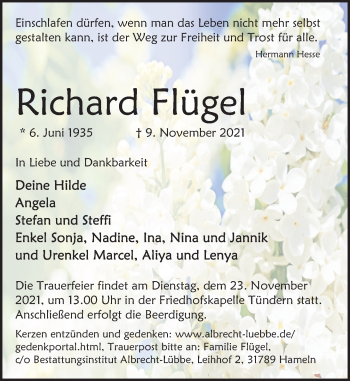 Traueranzeige von Richard Flügel von Deister- und Weserzeitung