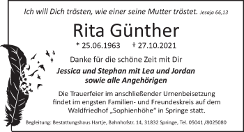Traueranzeige von Rita Günther von Neue Deister-Zeitung
