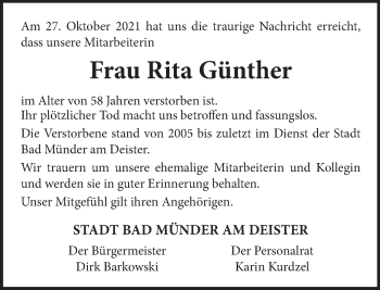 Traueranzeige von Rita Günther von Neue Deister-Zeitung