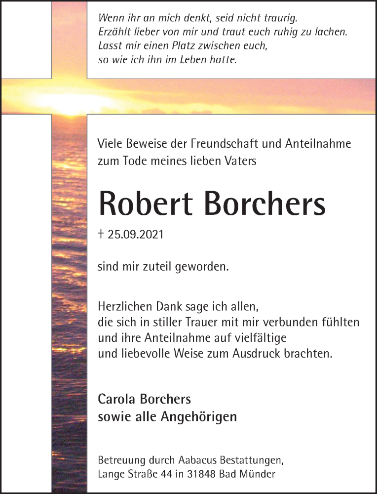  Traueranzeige für Robert Borchers vom 13.11.2021 aus Neue Deister-Zeitung