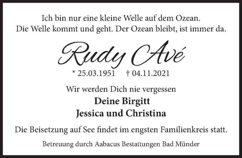  Traueranzeige für Rudy  Avé vom 13.11.2021 aus Deister- und Weserzeitung