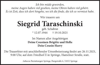 Traueranzeige von Siegrid Taraschinski von Neue Deister-Zeitung