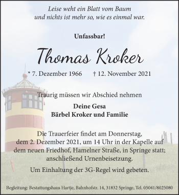 Traueranzeige von Thomas Kroker von Neue Deister-Zeitung