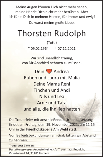 Traueranzeige von Thorsten Rudolph von Deister- und Weserzeitung