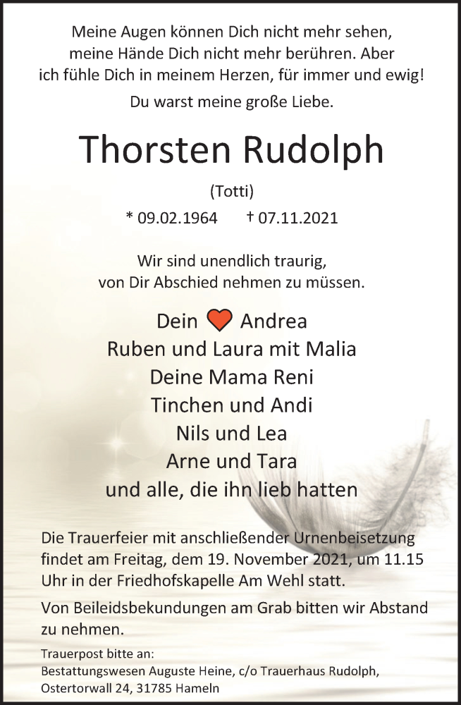  Traueranzeige für Thorsten Rudolph vom 13.11.2021 aus Deister- und Weserzeitung