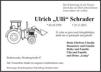 Traueranzeige von Ulrich  Schrader von Deister- und Weserzeitung
