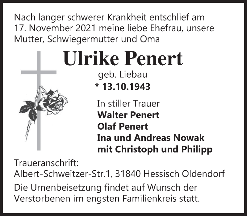  Traueranzeige für Ulrike Penert vom 27.11.2021 aus Deister- und Weserzeitung