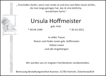 Traueranzeige von Ursula Hoffmeister von Deister- und Weserzeitung
