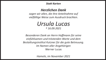 Traueranzeige von Ursula Lucas von Deister- und Weserzeitung