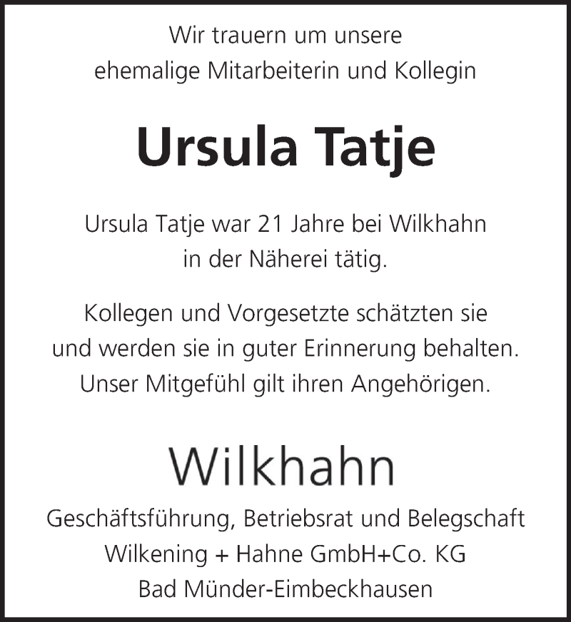  Traueranzeige für Ursula Tatje vom 13.11.2021 aus Neue Deister-Zeitung