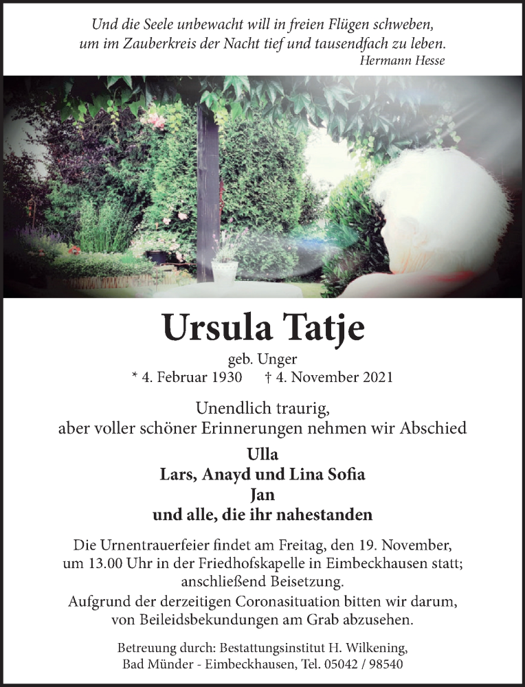  Traueranzeige für Ursula Tatje vom 13.11.2021 aus Neue Deister-Zeitung