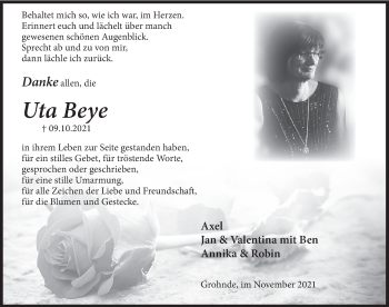 Traueranzeige von Uta Beye von Deister- und Weserzeitung
