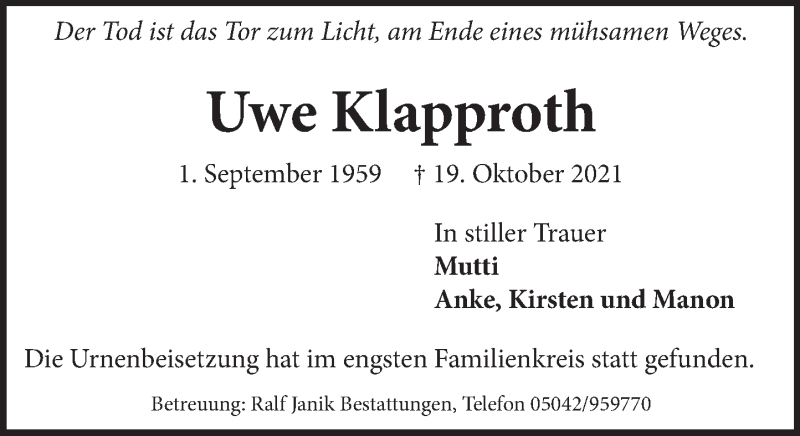 Traueranzeige für Uwe Klapproth vom 20.11.2021 aus Neue Deister-Zeitung