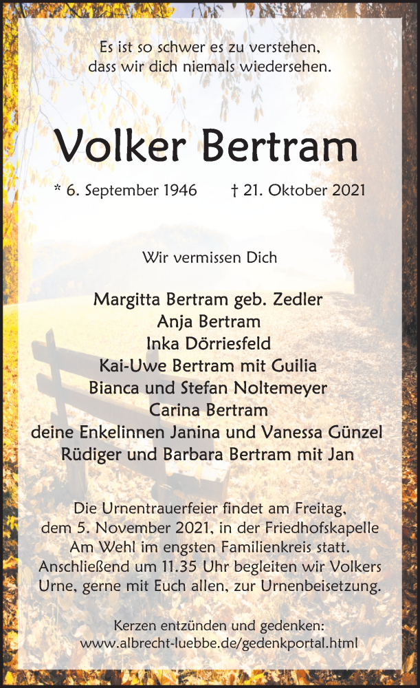  Traueranzeige für Volker Bertram vom 02.11.2021 aus Deister- und Weserzeitung