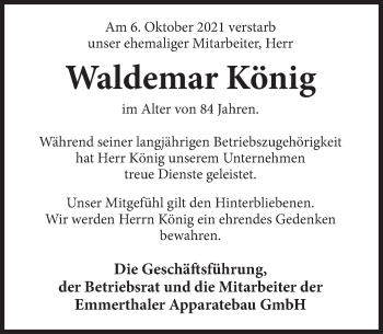 Traueranzeige von Waldemar König von Deister- und Weserzeitung