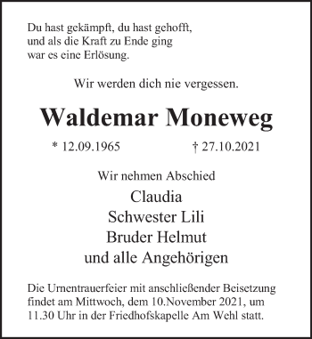 Traueranzeige von Waldemar Moneweg von Deister- und Weserzeitung