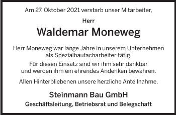 Traueranzeige von Waldemar Moneweg von Deister- und Weserzeitung