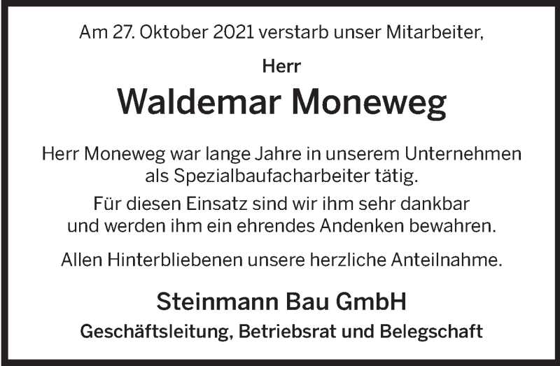  Traueranzeige für Waldemar Moneweg vom 06.11.2021 aus Deister- und Weserzeitung