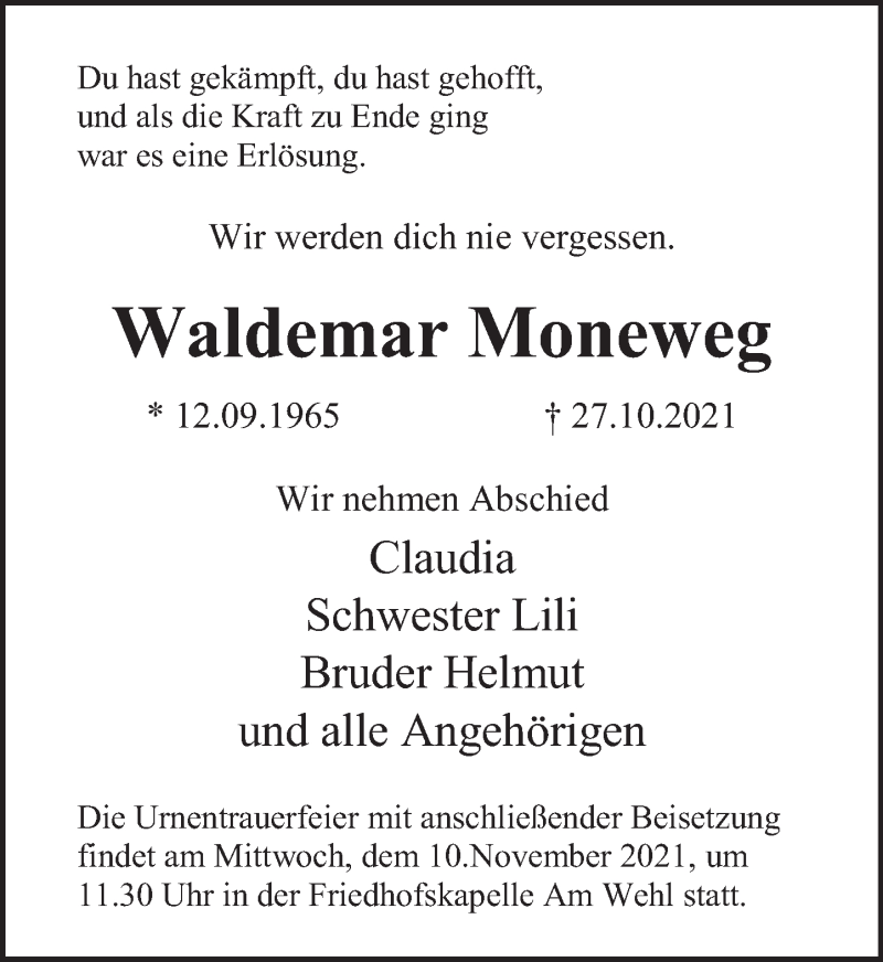  Traueranzeige für Waldemar Moneweg vom 06.11.2021 aus Deister- und Weserzeitung