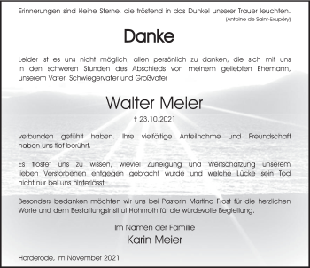 Traueranzeige von Walter Meier von Deister- und Weserzeitung