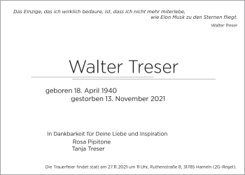 Traueranzeige von Walter Treser von Deister- und Weserzeitung
