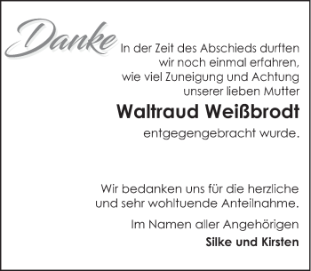 Traueranzeige von Waltraud Weißbrodt von Deister- und Weserzeitung