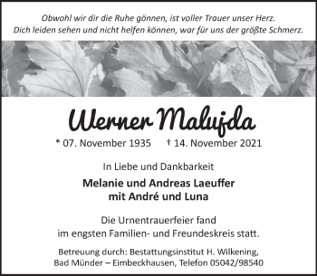 Traueranzeige von Werner Malujda von Neue Deister-Zeitung