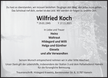 Traueranzeige von Wilfried Koch von Deister- und Weserzeitung