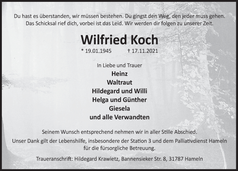  Traueranzeige für Wilfried Koch vom 27.11.2021 aus Deister- und Weserzeitung