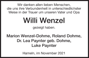 Traueranzeige von Willi Wenzel von Deister- und Weserzeitung