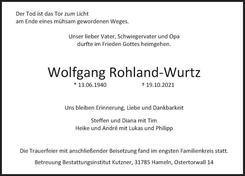  Traueranzeige für Wolfgang Rohland-Wurtz vom 13.11.2021 aus Deister- und Weserzeitung