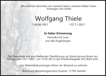Traueranzeige von Wolfgang Thiele von Deister- und Weserzeitung