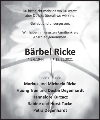 Traueranzeige von Bärbel Ricke von Deister- und Weserzeitung