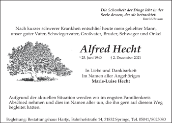 Traueranzeige von Alfred Hecht von Neue Deister-Zeitung