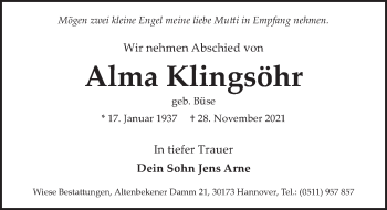 Traueranzeige von Alma Klingsöhr von Deister- und Weserzeitung