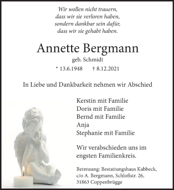 Traueranzeige von Annette Bergmann von Neue Deister-Zeitung