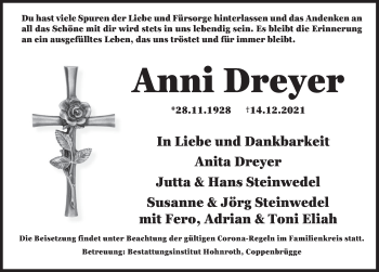 Traueranzeige von Anni Dreyer von Deister- und Weserzeitung